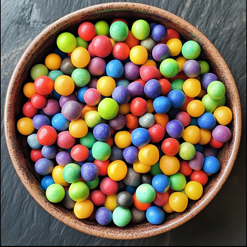 Colorful candies in a wooden bowl on a dark surface