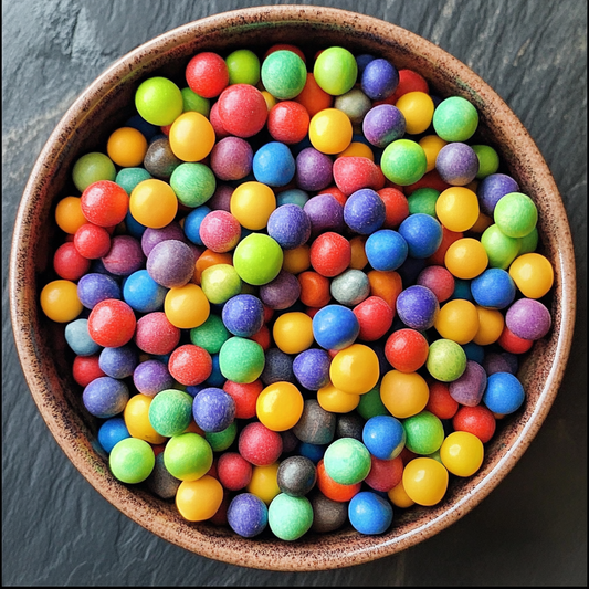 Colorful candies in a wooden bowl on a dark surface